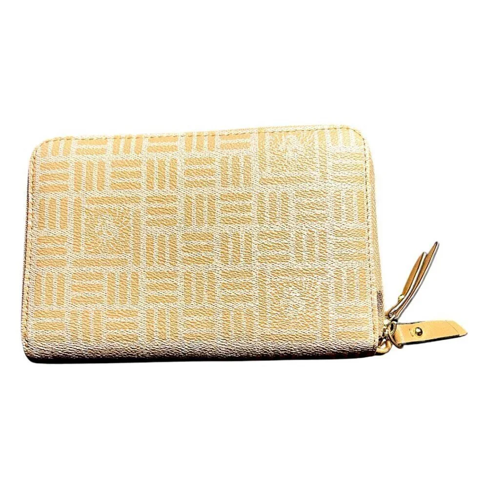 Anne Klein Designer Zip Around Neutral Tan Wallet w/Gold Lion Head Logo Emblem